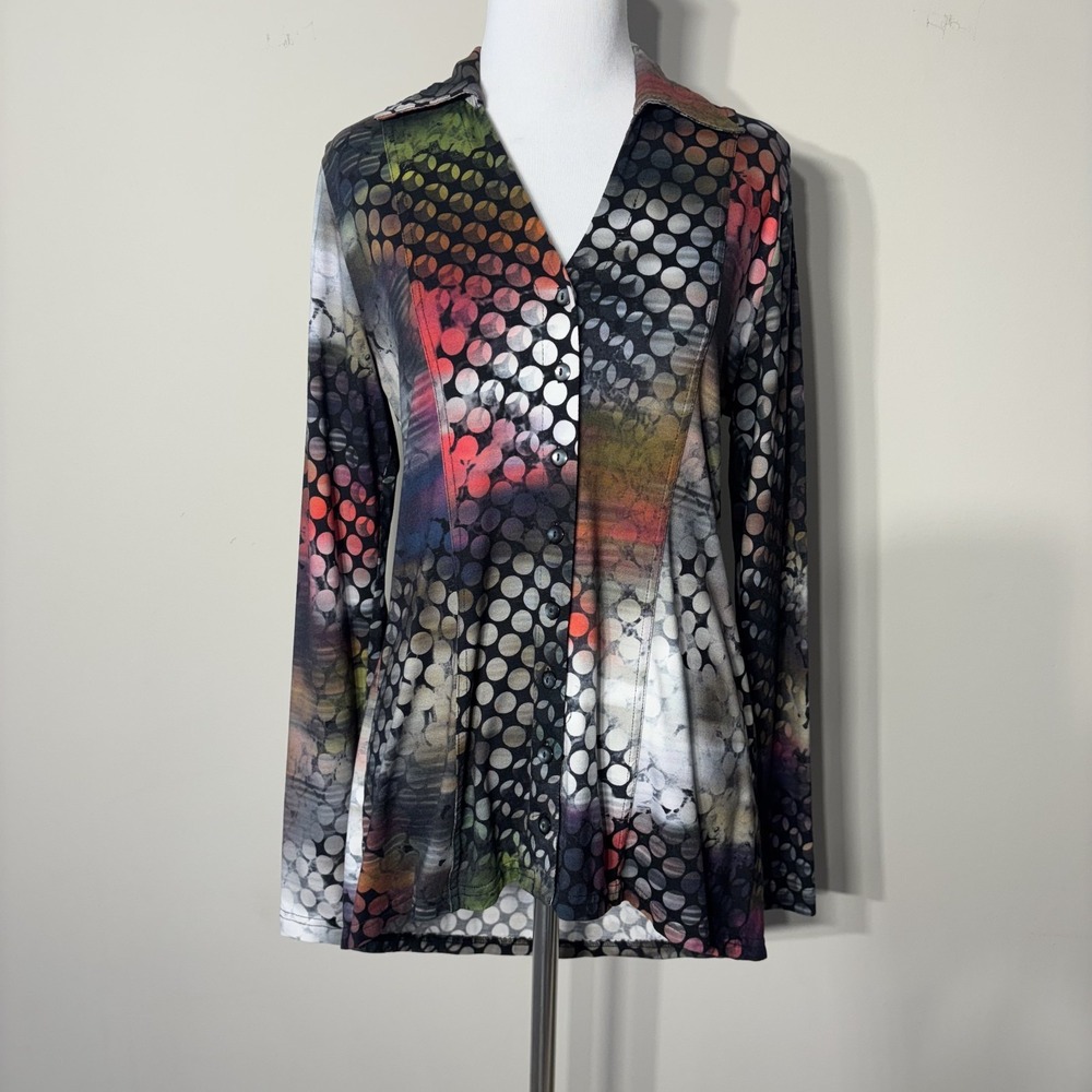 Sno Skins Button Up Shirt Top Womens Small Multicolor Dot High Low Long Sleeve S